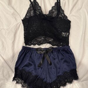 Black Lace and Navy Sleepwear Set